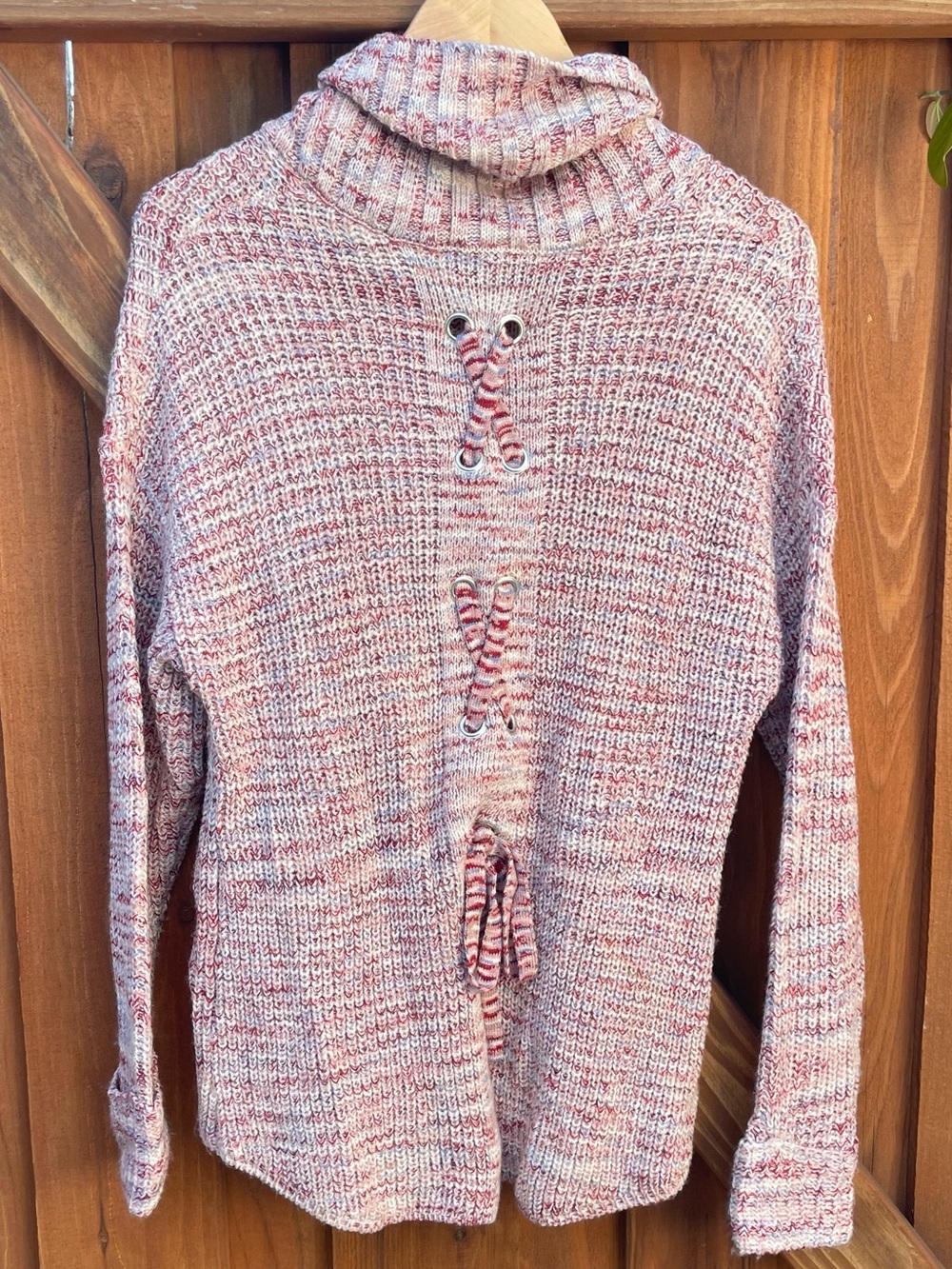American Rag Cozy Pink Marled Turtleneck Grommet Crisscross Tie Laced Up Sweater